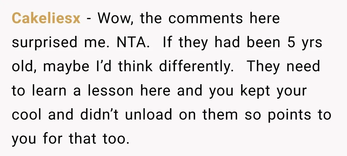 Cakeliesx − Wow, the comments here surprised me. NTA. If they had been 5 yrs old, maybe I’d think differently. They need to learn a lesson here and you kept...