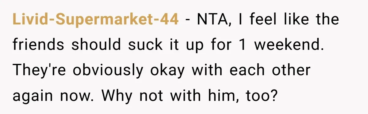 Livid-Supermarket-44 − NTA, I feel like the friends should suck it up for 1 weekend. They're obviously okay with each other again now. Why not with him, too?