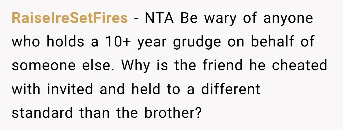 RaiseIreSetFires − NTA Be wary of anyone who holds a 10+ year grudge on behalf of someone else. Why is the friend he cheated with invited and held to a...