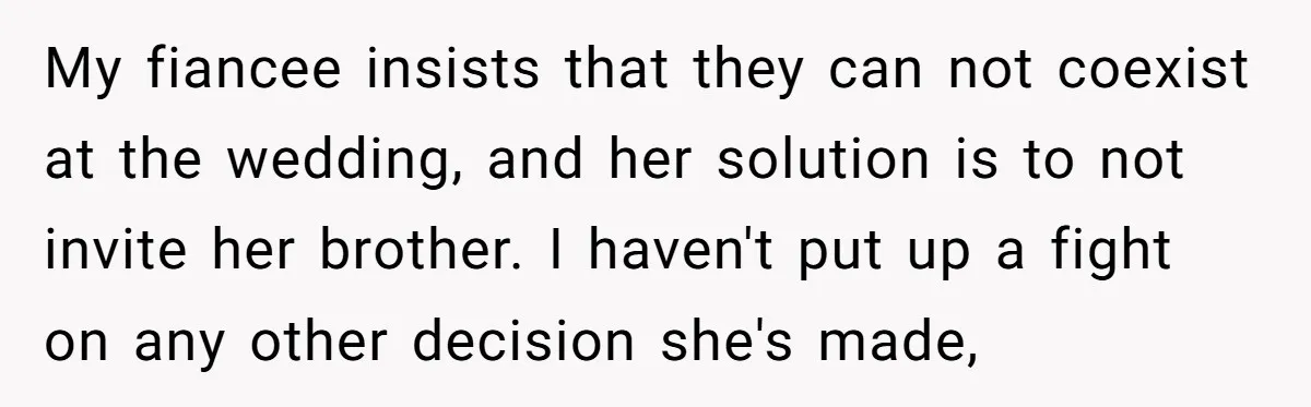 My fiancee insists that they can not coexist at the wedding, and her solution is to not invite her brother. I haven't put up a fight on any other decision...