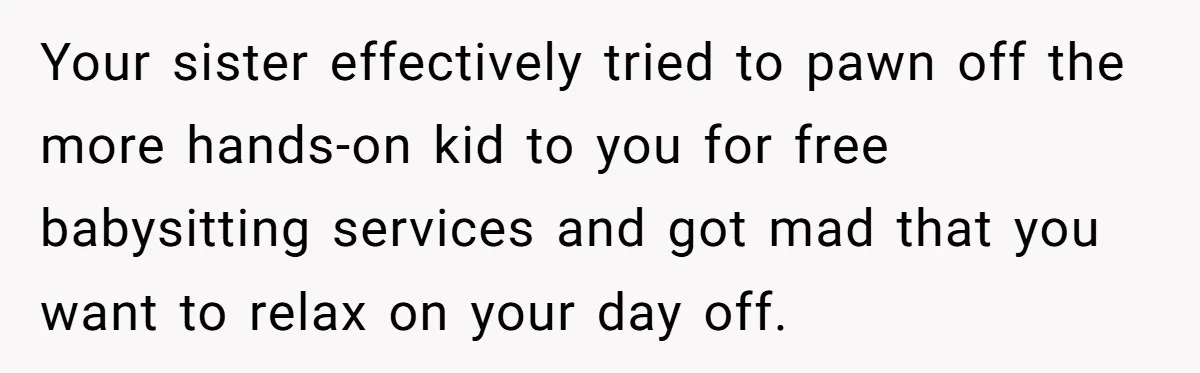 Your sister effectively tried to pawn off the more hands-on kid to you for free babysitting services and got mad that you want to relax on your day off.