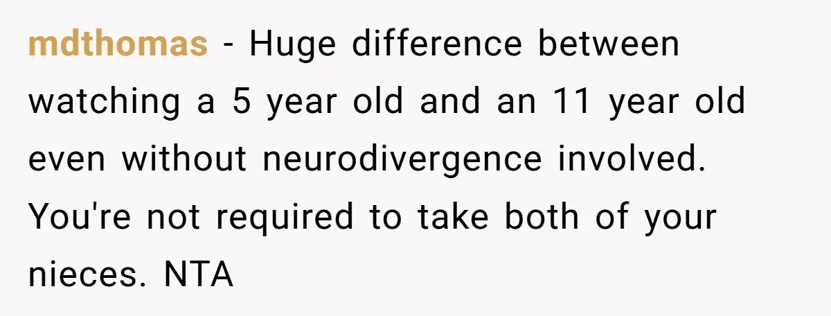 mdthomas − Huge difference between watching a 5 year old and an 11 year old even without neurodivergence involved. You're not required to take both of your nieces. NTA