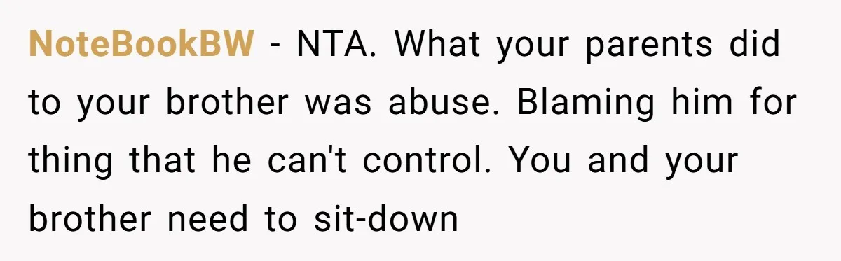 NoteBookBW − NTA. What your parents did to your brother was abuse. Blaming him for thing that he can't control. You and your brother need to sit-down