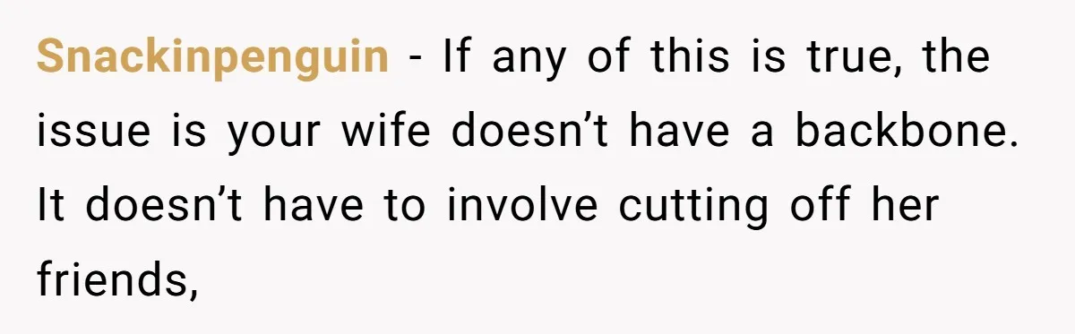 Snackinpenguin − If any of this is true, the issue is your wife doesn’t have a backbone. It doesn’t have to involve cutting off her friends,