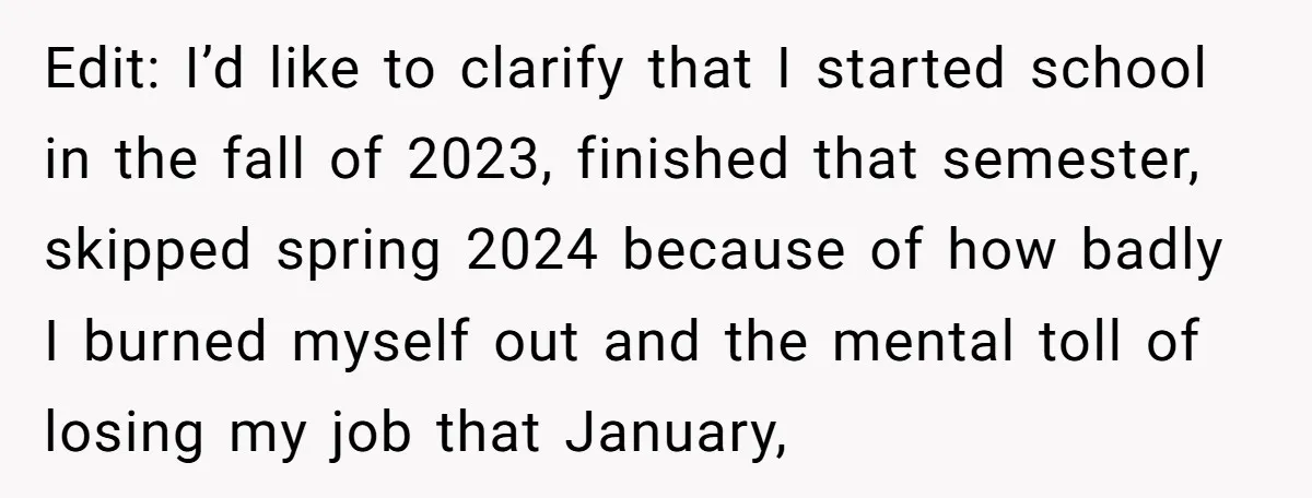 Edit: I’d like to clarify that I started school in the fall of 2023, finished that semester, skipped spring 2024 because of how badly I burned myself out and the...
