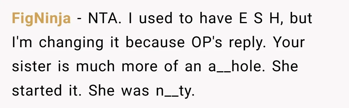 FigNinja − NTA. I used to have E S H, but I'm changing it because OP's reply. Your sister is much more of an a__hole. She started it. She was...