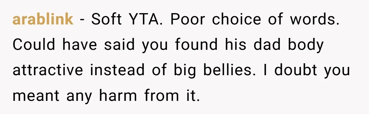 arablink − Soft YTA. Poor choice of words. Could have said you found his dad body attractive instead of big bellies. I doubt you meant any harm from it.