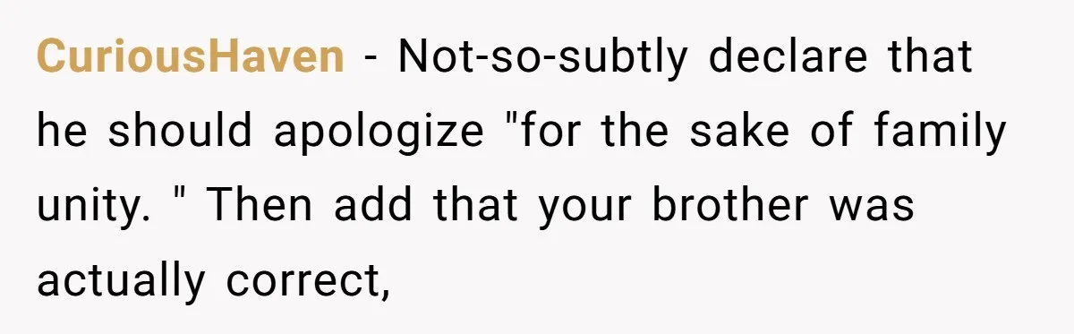 CuriousHaven − Not-so-subtly declare that he should apologize "for the sake of family unity. " Then add that your brother was actually correct,