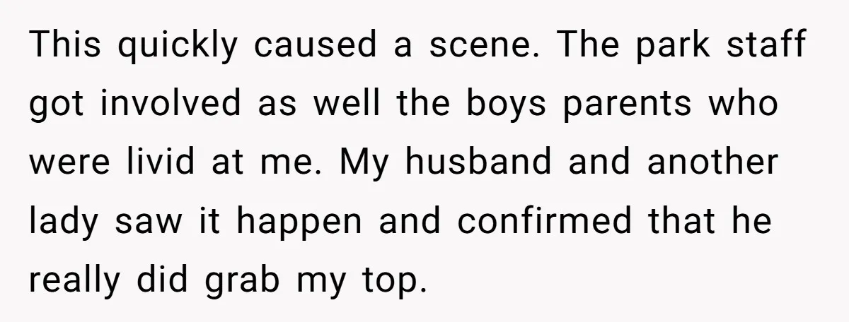This quickly caused a scene. The park staff got involved as well the boys parents who were livid at me. My husband and another lady saw it happen and confirmed...