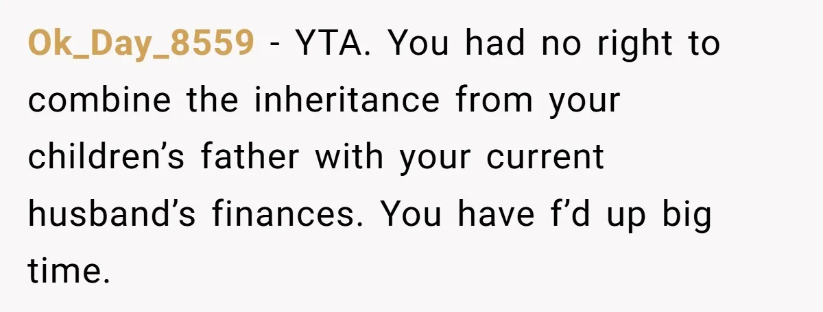 Ok_Day_8559 − YTA. You had no right to combine the inheritance from your children’s father with your current husband’s finances. You have f’d up big time.