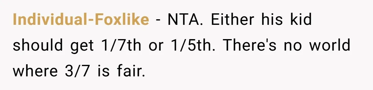 Individual-Foxlike − NTA. Either his kid should get 1/7th or 1/5th. There's no world where 3/7 is fair.