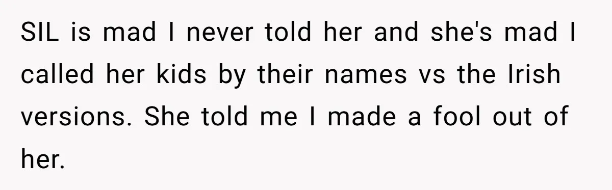 SIL is mad I never told her and she's mad I called her kids by their names vs the Irish versions. She told me I made a fool out of...