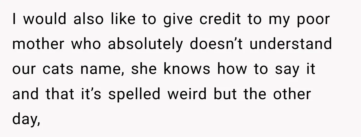 I would also like to give credit to my poor mother who absolutely doesn’t understand our cats name, she knows how to say it and that it’s spelled weird but...