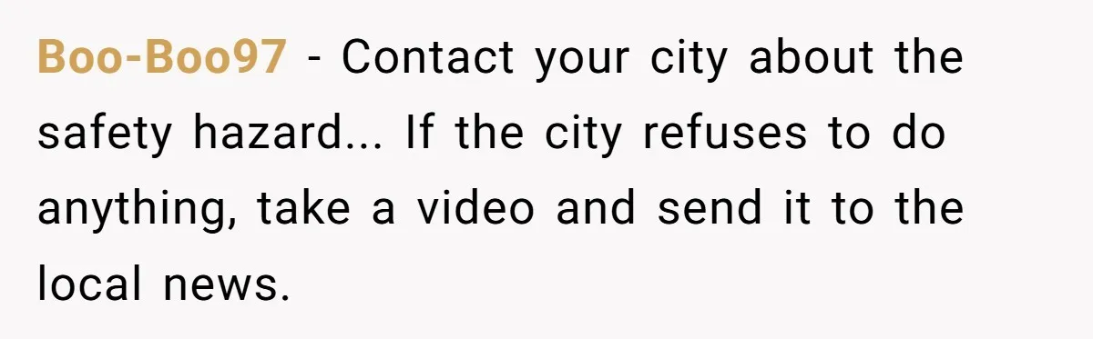 Boo-Boo97 − Contact your city about the safety hazard... If the city refuses to do anything, take a video and send it to the local news.