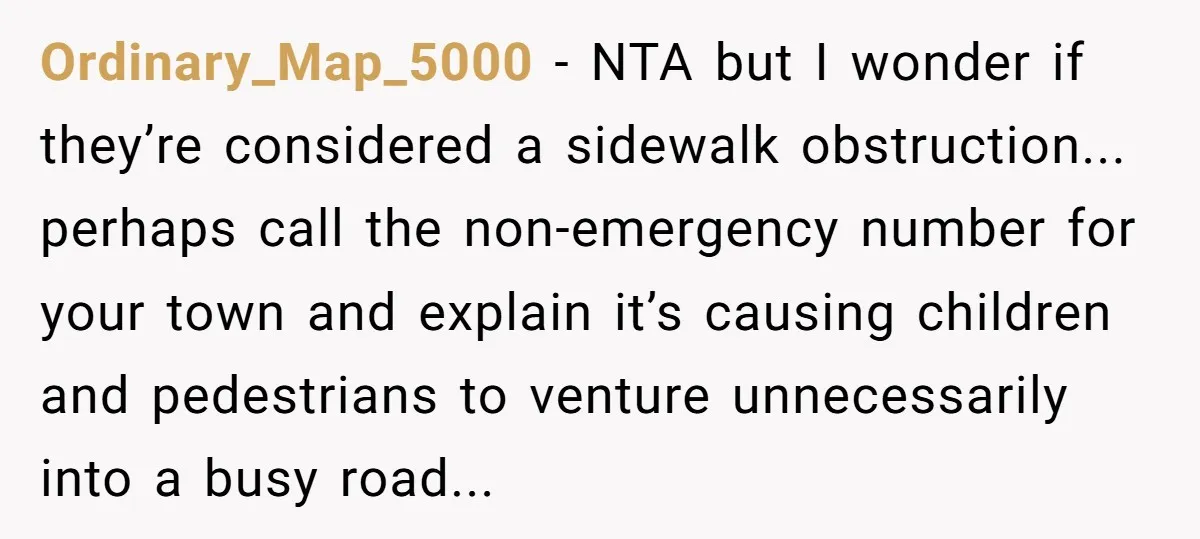 Ordinary_Map_5000 − NTA but I wonder if they’re considered a sidewalk obstruction... perhaps call the non-emergency number for your town and explain it’s causing children and pedestrians to venture unnecessarily...