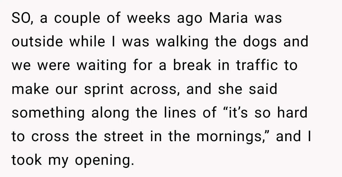 SO, a couple of weeks ago Maria was outside while I was walking the dogs and we were waiting for a break in traffic to make our sprint across, and...