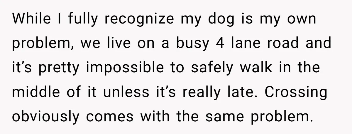 While I fully recognize my dog is my own problem, we live on a busy 4 lane road and it’s pretty impossible to safely walk in the middle of it...