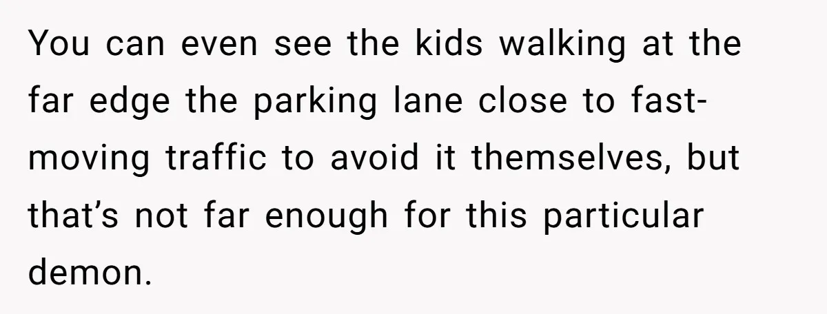You can even see the kids walking at the far edge the parking lane close to fast-moving traffic to avoid it themselves, but that’s not far enough for this particular...
