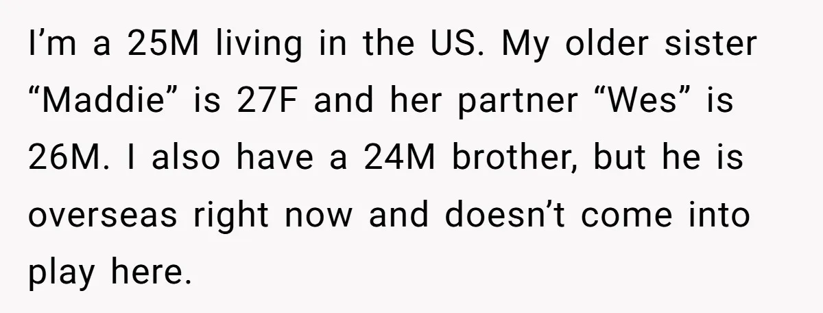 I’m a 25M living in the US. My older sister “Maddie” is 27F and her partner “Wes” is 26M. I also have a 24M brother, but he is overseas right...