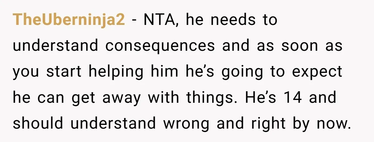 TheUberninja2 − NTA, he needs to understand consequences and as soon as you start helping him he’s going to expect he can get away with things. He’s 14 and should...