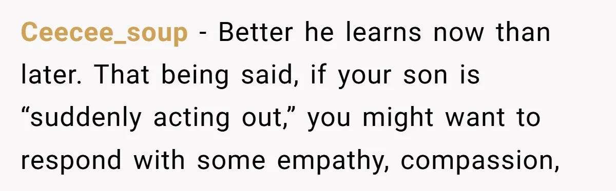 Ceecee_soup − Better he learns now than later. That being said, if your son is “suddenly acting out,” you might want to respond with some empathy, compassion,
