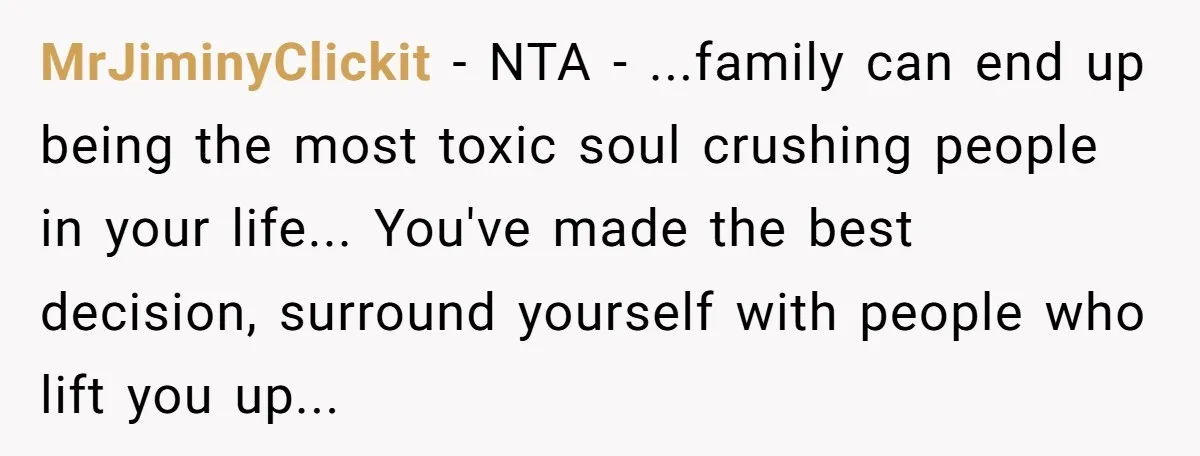 MrJiminyClickit − NTA - ...family can end up being the most toxic soul crushing people in your life... You've made the best decision, surround yourself with people who lift you...