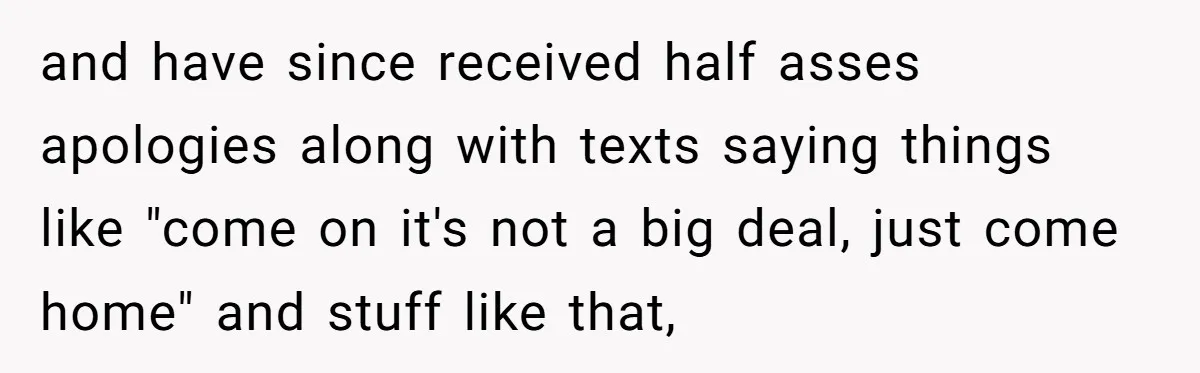 and have since received half asses apologies along with texts saying things like "come on it's not a big deal, just come home" and stuff like that,