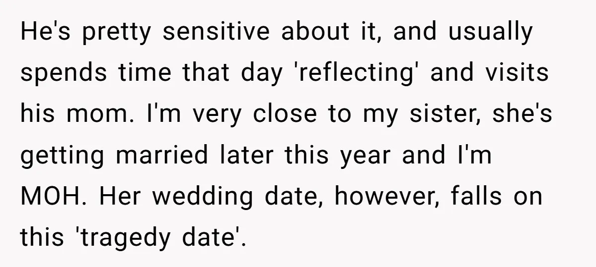 He's pretty sensitive about it, and usually spends time that day 'reflecting' and visits his mom. I'm very close to my sister, she's getting married later this year and I'm...