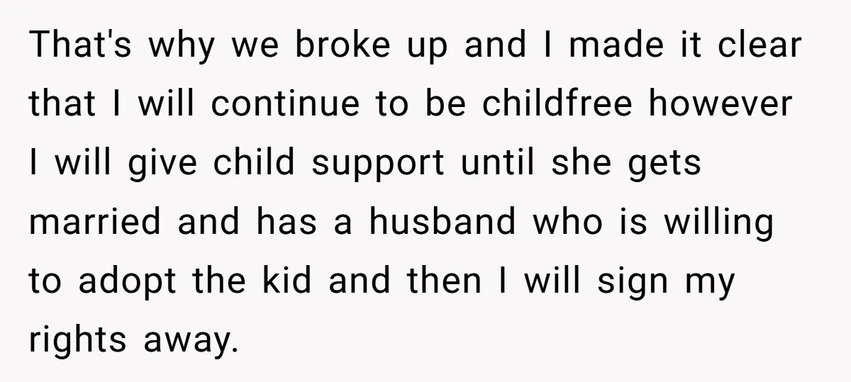 That's why we broke up and I made it clear that I will continue to be childfree however I will give child support until she gets married and has a...