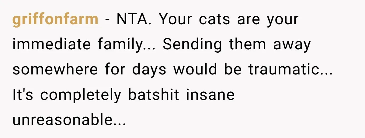 griffonfarm − NTA. Your cats are your immediate family... Sending them away somewhere for days would be traumatic... It's completely batshit insane unreasonable...