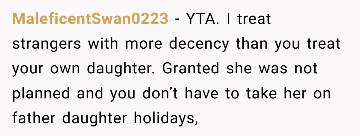 MaleficentSwan0223 − YTA. I treat strangers with more decency than you treat your own daughter. Granted she was not planned and you don’t have to take her on father daughter...