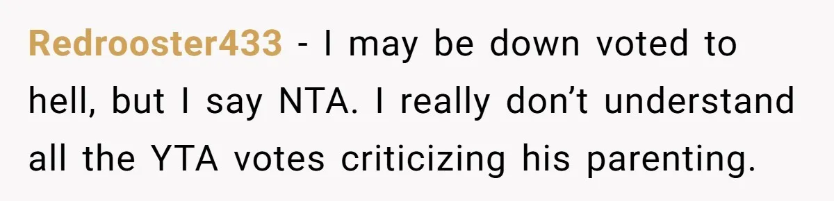 Redrooster433 − I may be down voted to hell, but I say NTA. I really don’t understand all the YTA votes criticizing his parenting.