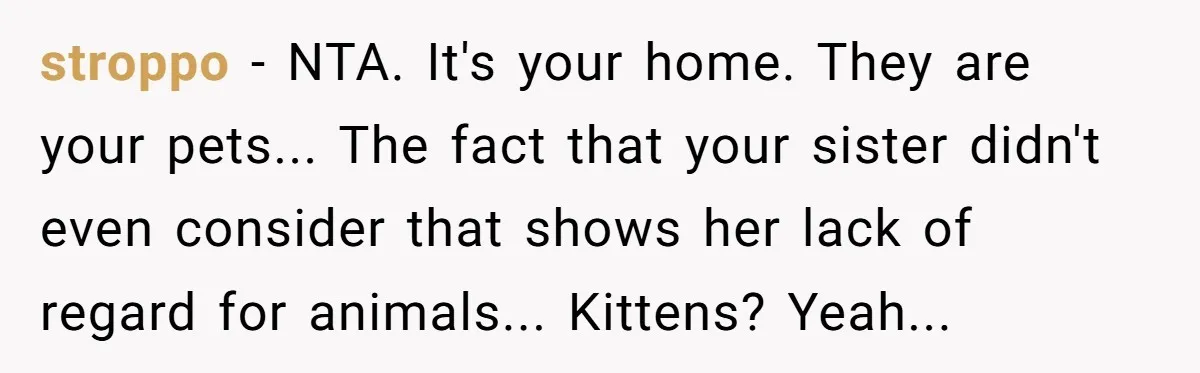 stroppo − NTA. It's your home. They are your pets... The fact that your sister didn't even consider that shows her lack of regard for animals... Kittens? Yeah...