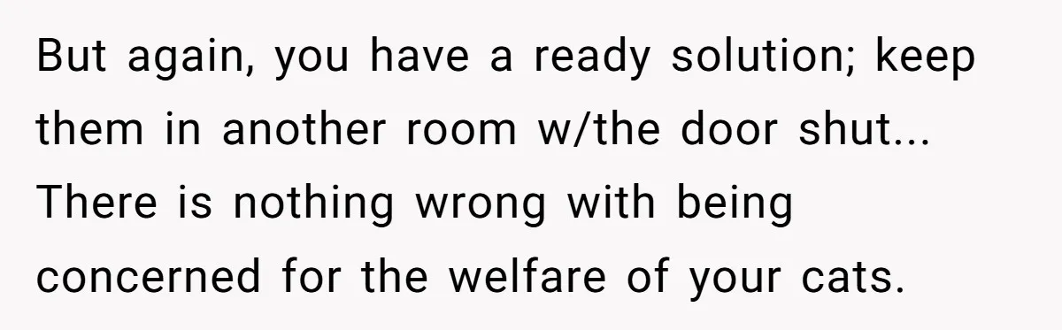 But again, you have a ready solution; keep them in another room w/the door shut... There is nothing wrong with being concerned for the welfare of your cats.