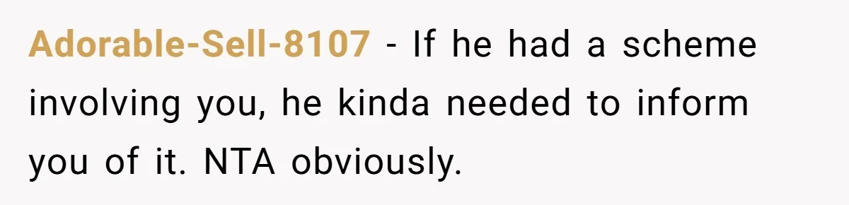 Adorable-Sell-8107 − If he had a scheme involving you, he kinda needed to inform you of it. NTA obviously.