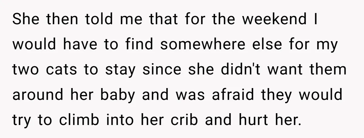 She then told me that for the weekend I would have to find somewhere else for my two cats to stay since she didn't want them around her baby and...
