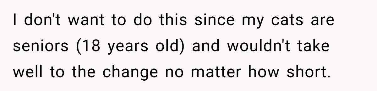 I don't want to do this since my cats are seniors (18 years old) and wouldn't take well to the change no matter how short.