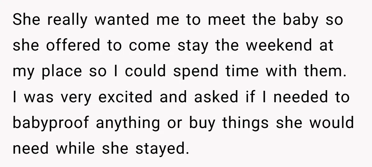 She really wanted me to meet the baby so she offered to come stay the weekend at my place so I could spend time with them. I was very excited...