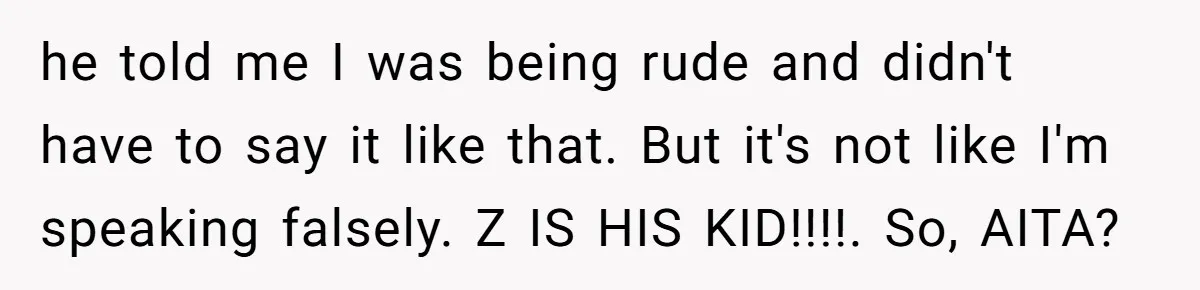 he told me I was being rude and didn't have to say it like that. But it's not like I'm speaking falsely. Z IS HIS KID!!!!. So, AITA?
