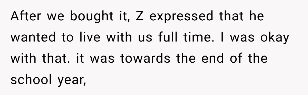 After we bought it, Z expressed that he wanted to live with us full time. I was okay with that. it was towards the end of the school year,