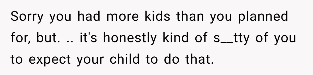 Sorry you had more kids than you planned for, but. .. it's honestly kind of s__tty of you to expect your child to do that.