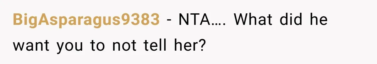 BigAsparagus9383 − NTA…. What did he want you to not tell her?