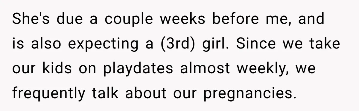 She's due a couple weeks before me, and is also expecting a (3rd) girl. Since we take our kids on playdates almost weekly, we frequently talk about our pregnancies.