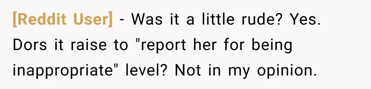 [Reddit User] − Was it a little rude? Yes. Dors it raise to "report her for being inappropriate" level? Not in my opinion.