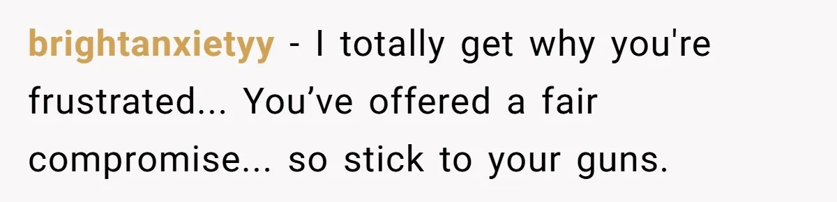 brightanxietyy − I totally get why you're frustrated... You’ve offered a fair compromise... so stick to your guns.