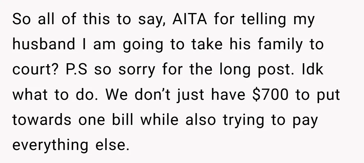 So all of this to say, AITA for telling my husband I am going to take his family to court? P.S so sorry for the long post. Idk what to...