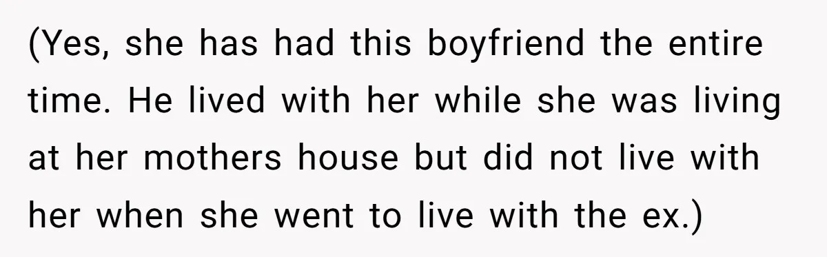 (Yes, she has had this boyfriend the entire time. He lived with her while she was living at her mothers house but did not live with her when she went...