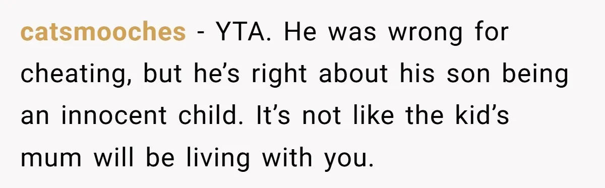 catsmooches − YTA. He was wrong for cheating, but he’s right about his son being an innocent child. It’s not like the kid’s mum will be living with you.