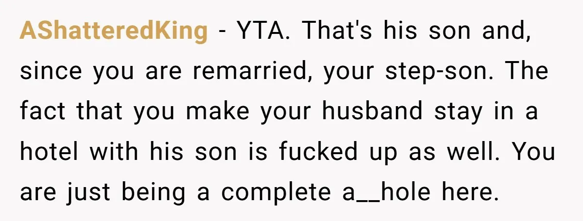 AShatteredKing − YTA. That's his son and, since you are remarried, your step-son. The fact that you make your husband stay in a hotel with his son is fucked up...