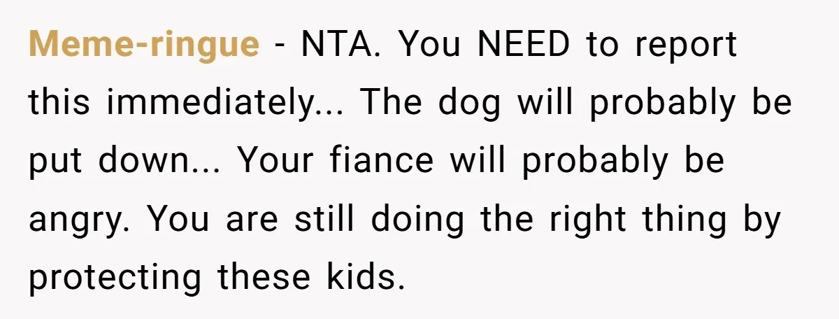 Meme-ringue − NTA. You NEED to report this immediately... The dog will probably be put down... Your fiance will probably be angry. You are still doing the right thing by...